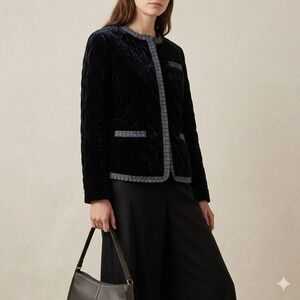 Talbots Quilted Velvet Jacket Medium Black Grosgrain Trim Old Money Quiet Luxury